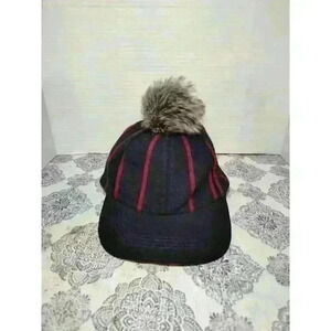 Vince Camuto Baseball Hat Women Faux Fur PomPom Blue Maroon‎ Striped Gold Logo